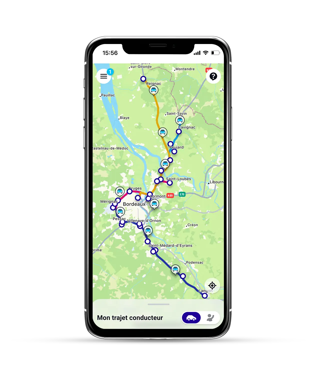 Carte des lignes de covoiturage sur l'application mobile